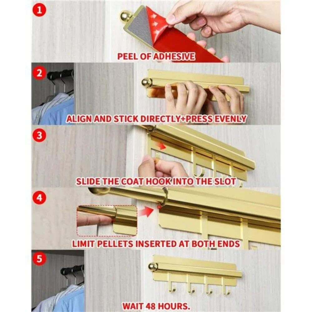 Gold Adhesive Closet Valet Rod 12 Inch Pull Out Clothes Hanger with Hooks Storag
